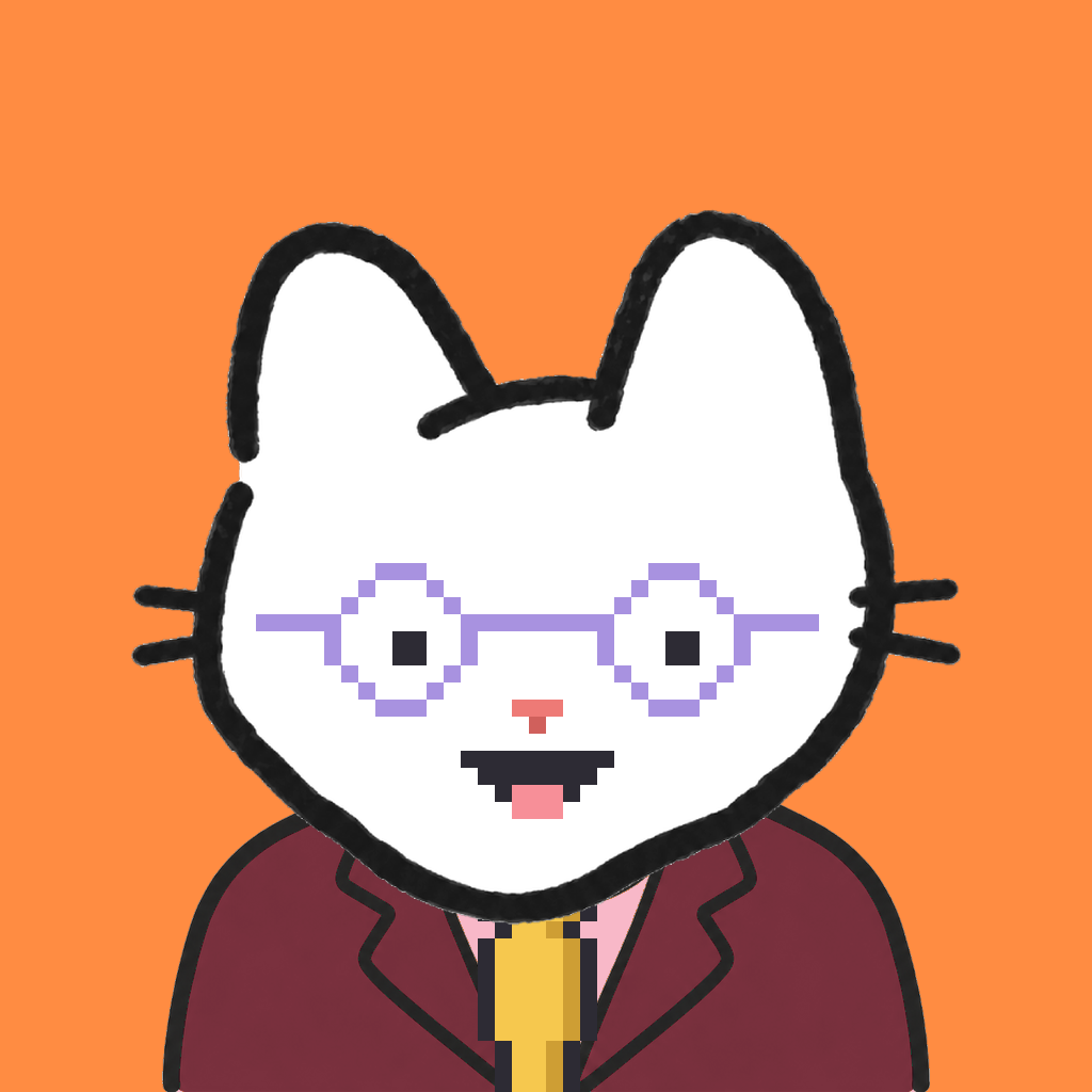 Employee #0218 — a white cat, in a burgundy suit, with a gold tie, wearing round-lavender glasses, on tangerine