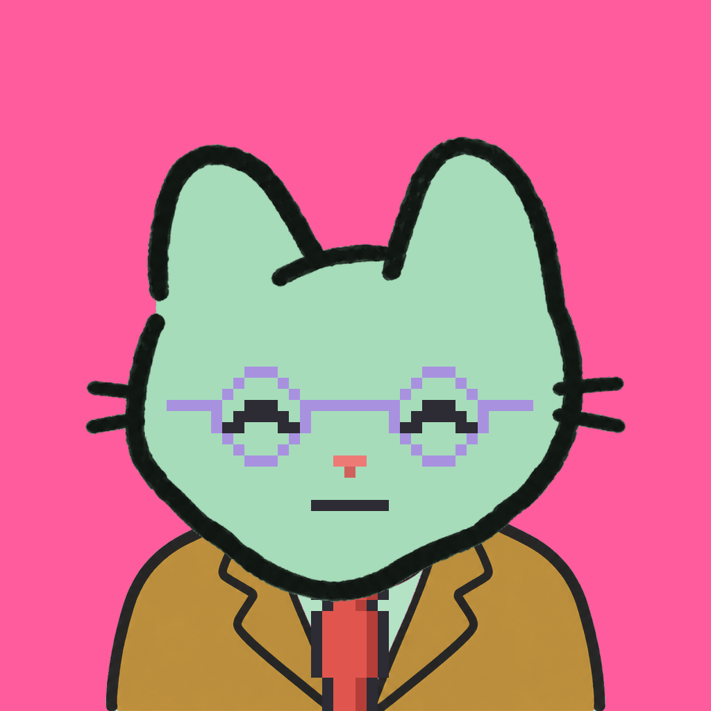 Employee #2180 — a mint cat, in a mustard suit, with a red tie, wearing round-lavender glasses, on hot pink
