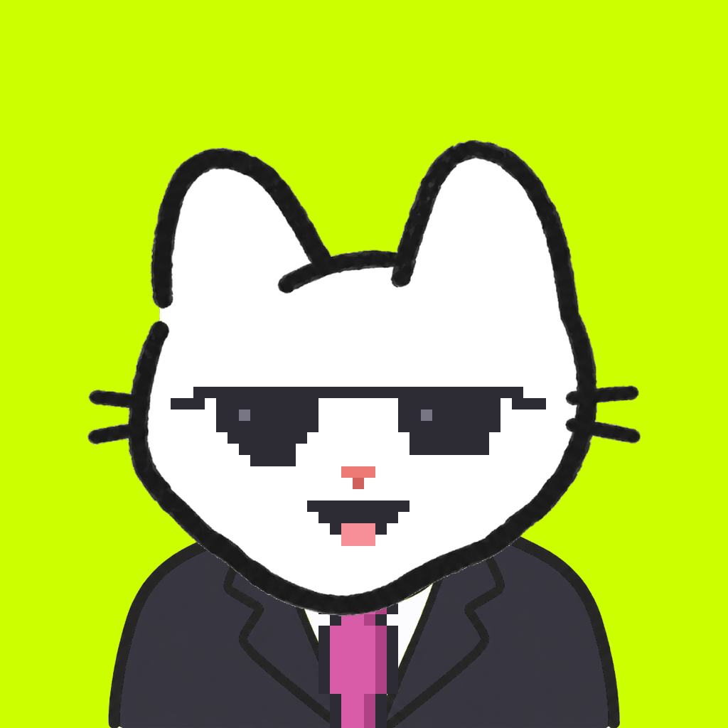 Employee #2181 — a white cat, in a black suit, with a magenta tie, wearing shades glasses, on volt