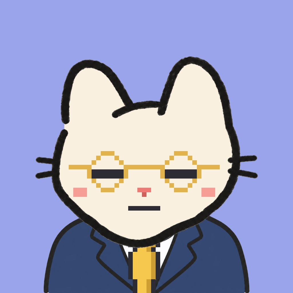 Employee #2182 — a cream cat, in a navy suit, with a gold tie, wearing round-gold glasses, on periwinkle