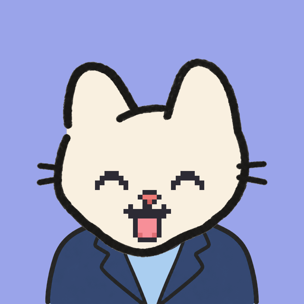 Employee #2183 — a cream cat, in a navy suit, on periwinkle
