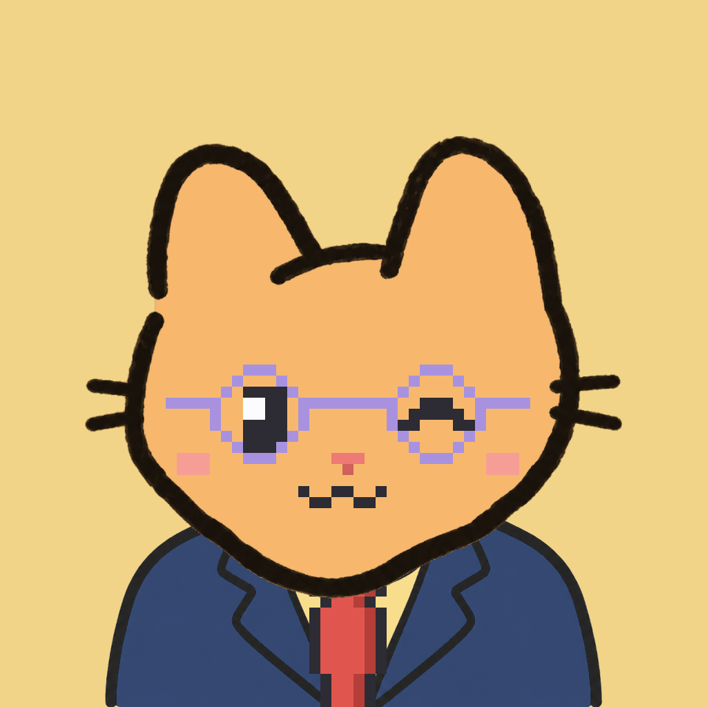 Employee #2184 — a tabby cat, in a navy suit, with a red tie, wearing round-lavender glasses, on butter