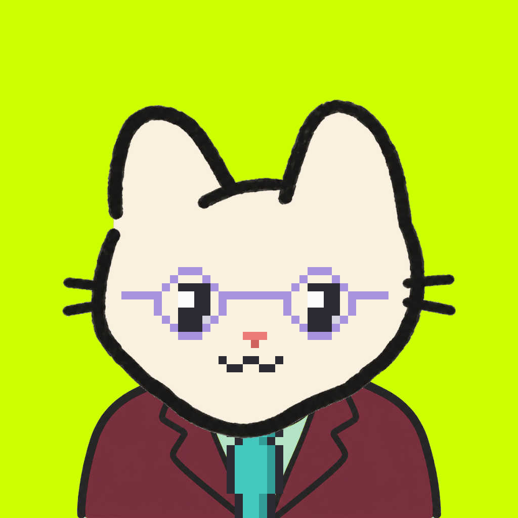 Employee #2185 — a cream cat, in a burgundy suit, with a teal tie, wearing round-lavender glasses, on volt
