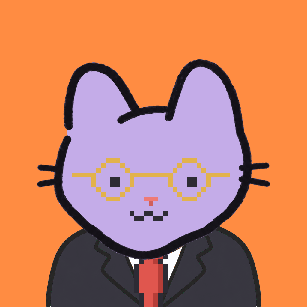 Employee #2186 — a lavender cat, in a black suit, with a red tie, wearing round-gold glasses, on tangerine