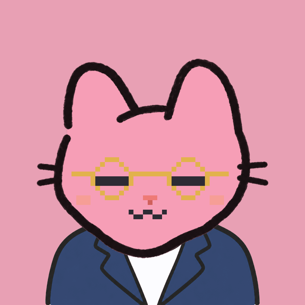 Employee #2187 — a pink cat, in a navy suit, wearing round-gold glasses, on rose