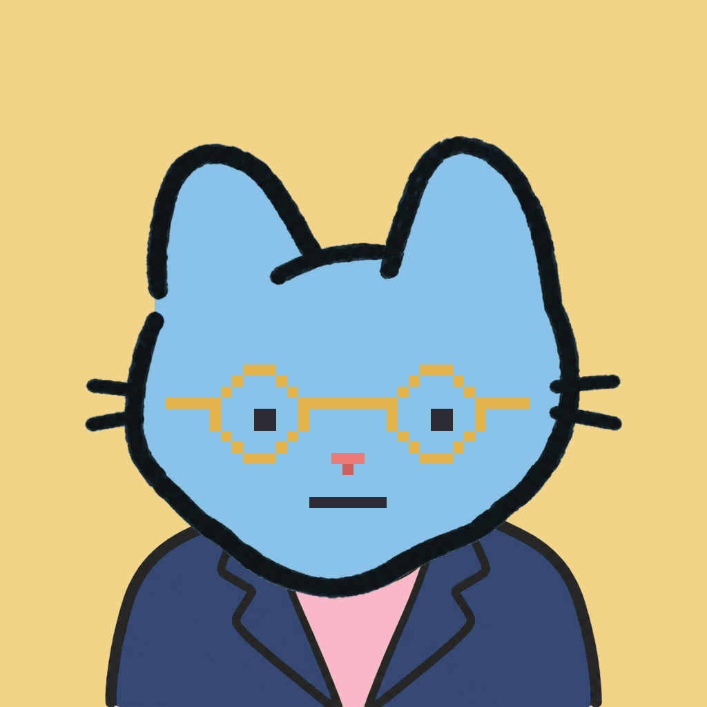 Employee #2189 — a sky cat, in a navy suit, wearing round-gold glasses, on butter