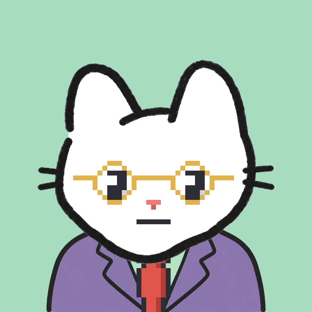 Employee #0219 — a white cat, in a lavender suit, with a red tie, wearing round-gold glasses, on mint