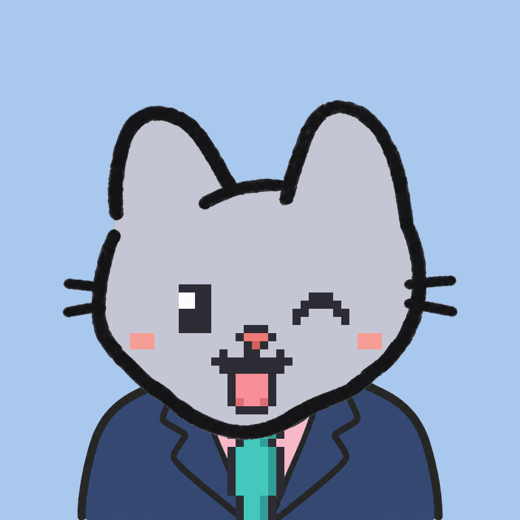 Employee #2190 — a gray cat, in a navy suit, with a teal tie, on sky