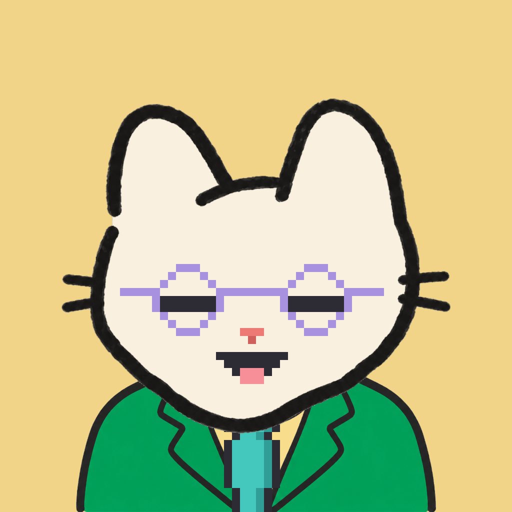Employee #2191 — a cream cat, in a green suit, with a teal tie, wearing round-lavender glasses, on butter