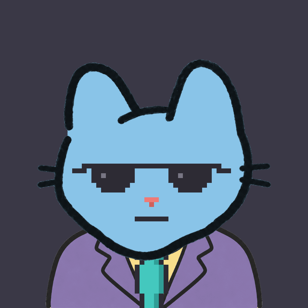 Employee #2192 — a sky cat, in a lavender suit, with a teal tie, wearing shades glasses, on charcoal
