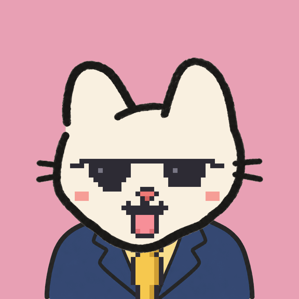 Employee #2193 — a cream cat, in a navy suit, with a gold tie, wearing shades glasses, on rose