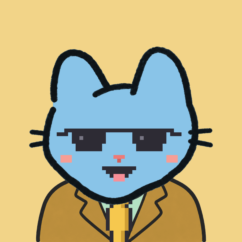 Employee #2194 — a sky cat, in a mustard suit, with a gold tie, wearing shades glasses, on butter