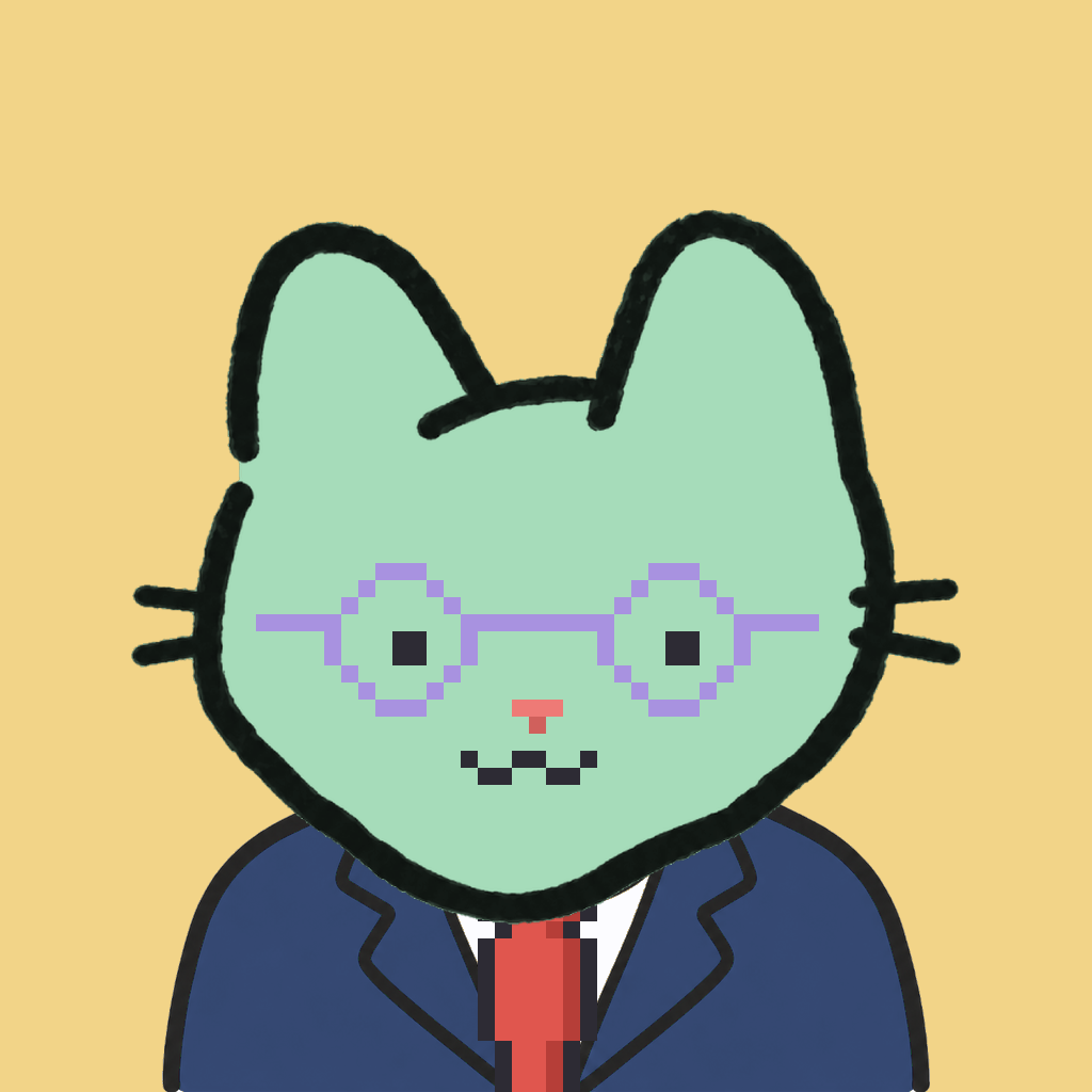 Employee #2195 — a mint cat, in a navy suit, with a red tie, wearing round-lavender glasses, on butter