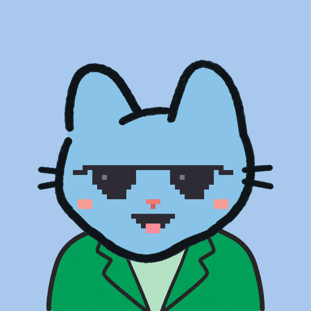 Employee #2196 — a sky cat, in a green suit, wearing shades glasses, on sky