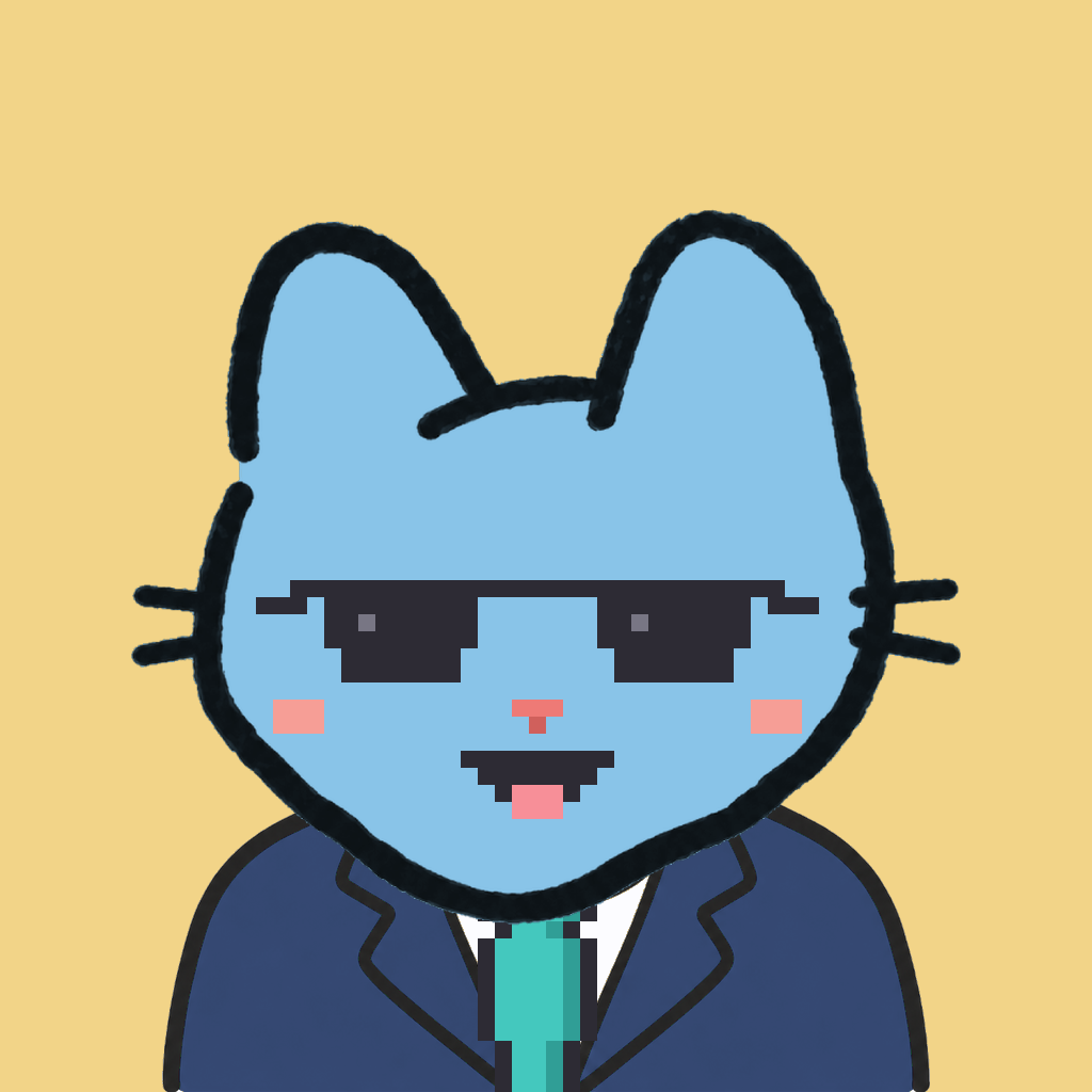 Employee #2197 — a sky cat, in a navy suit, with a teal tie, wearing shades glasses, on butter
