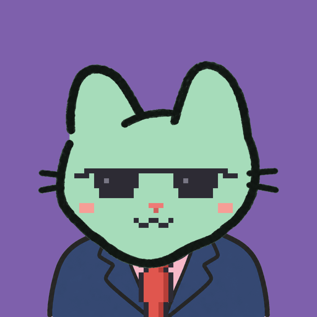 Employee #2198 — a mint cat, in a navy suit, with a red tie, wearing shades glasses, on plasma violet