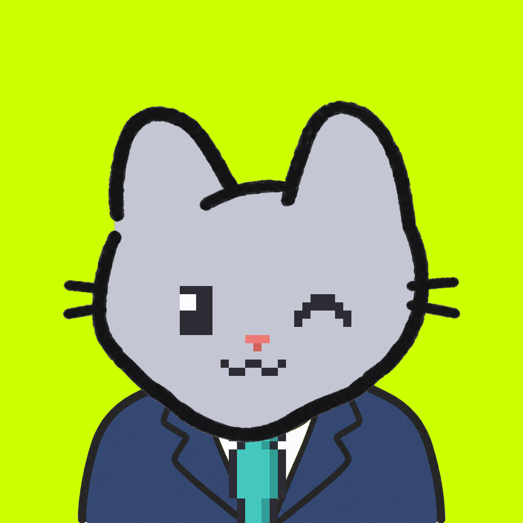 Employee #2199 — a gray cat, in a navy suit, with a teal tie, on volt