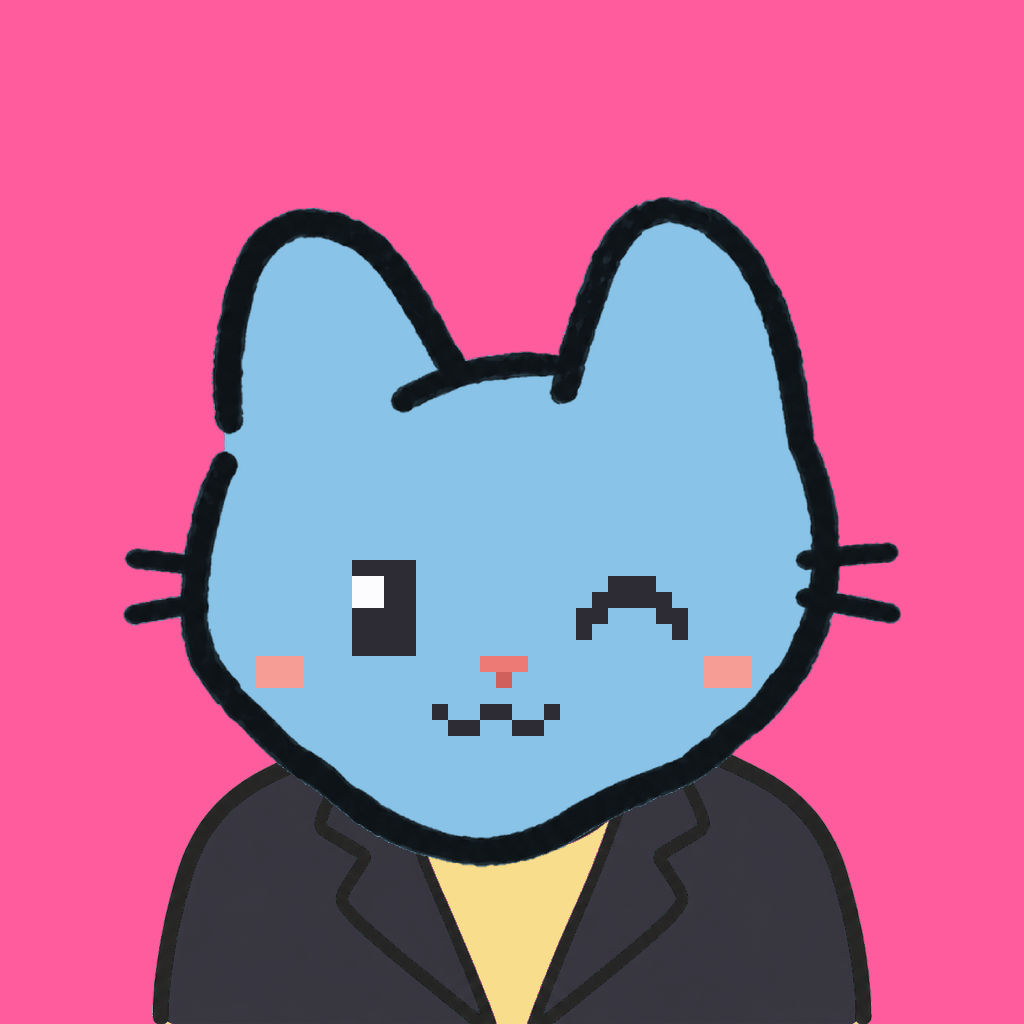 Employee #0022 — a sky cat, in a black suit, on hot pink