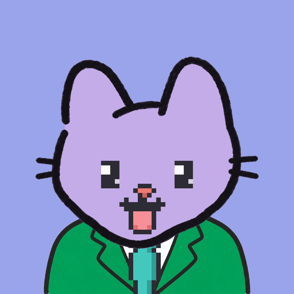 Employee #0220 — a lavender cat, in a green suit, with a teal tie, on periwinkle