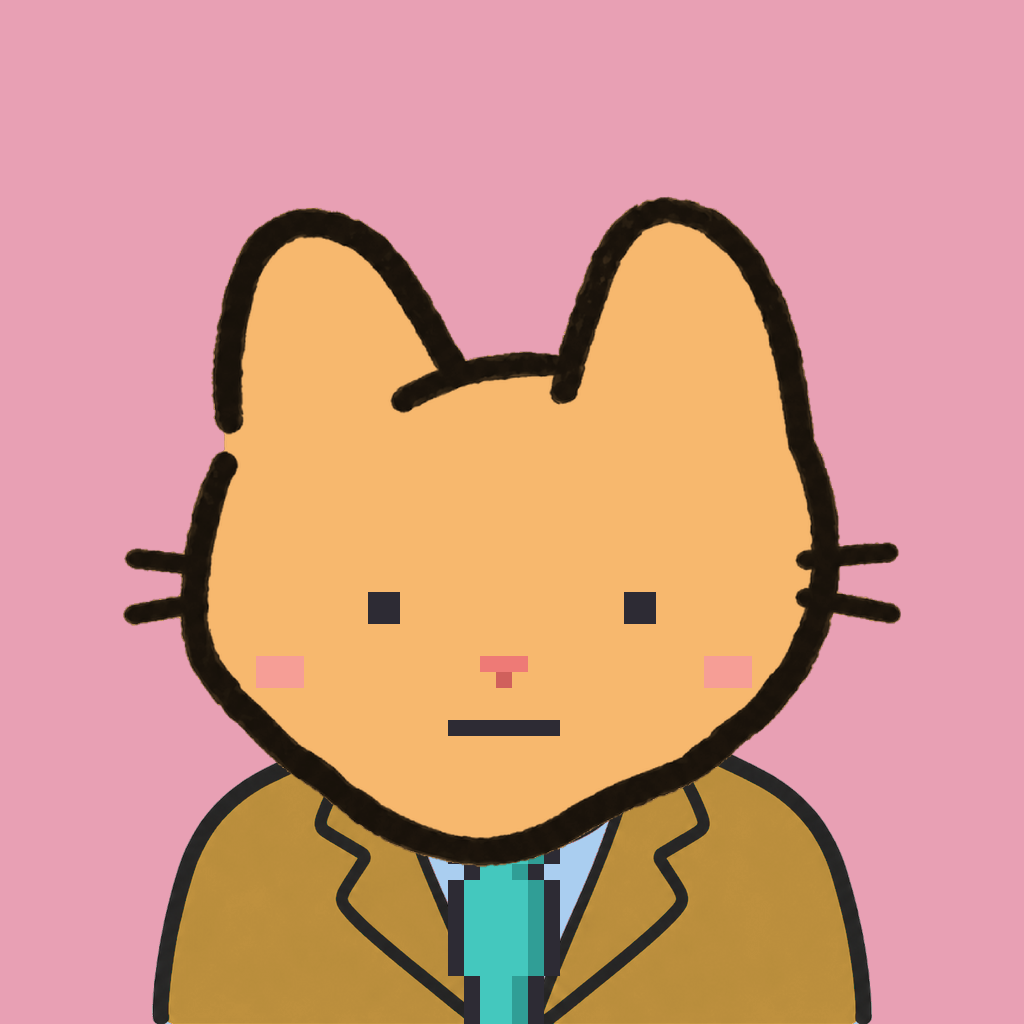 Employee #2200 — a tabby cat, in a mustard suit, with a teal tie, on rose
