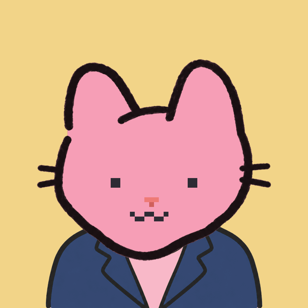 Employee #2201 — a pink cat, in a navy suit, on butter
