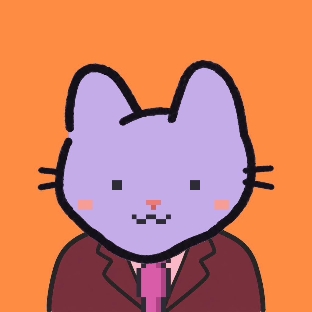 Employee #2202 — a lavender cat, in a burgundy suit, with a magenta tie, on tangerine