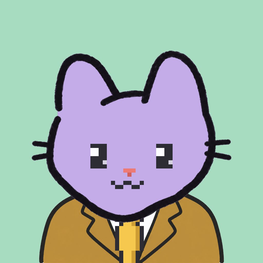Employee #2203 — a lavender cat, in a mustard suit, with a gold tie, on mint
