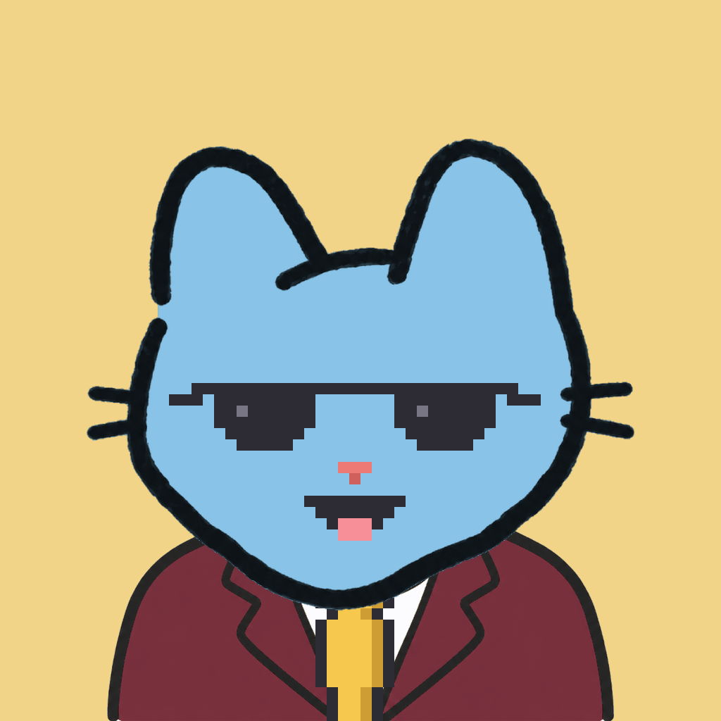 Employee #2204 — a sky cat, in a burgundy suit, with a gold tie, wearing shades glasses, on butter
