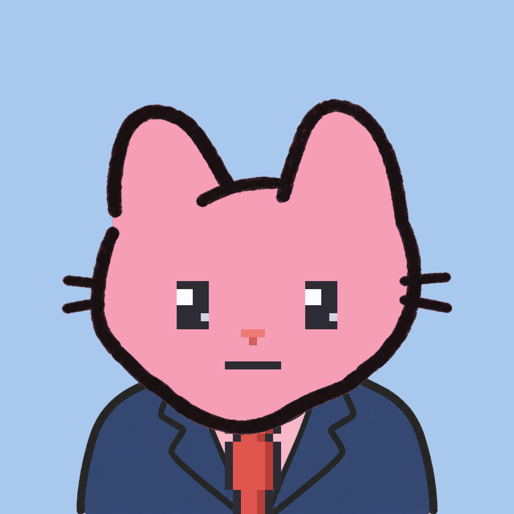 Employee #2205 — a pink cat, in a navy suit, with a red tie, on sky