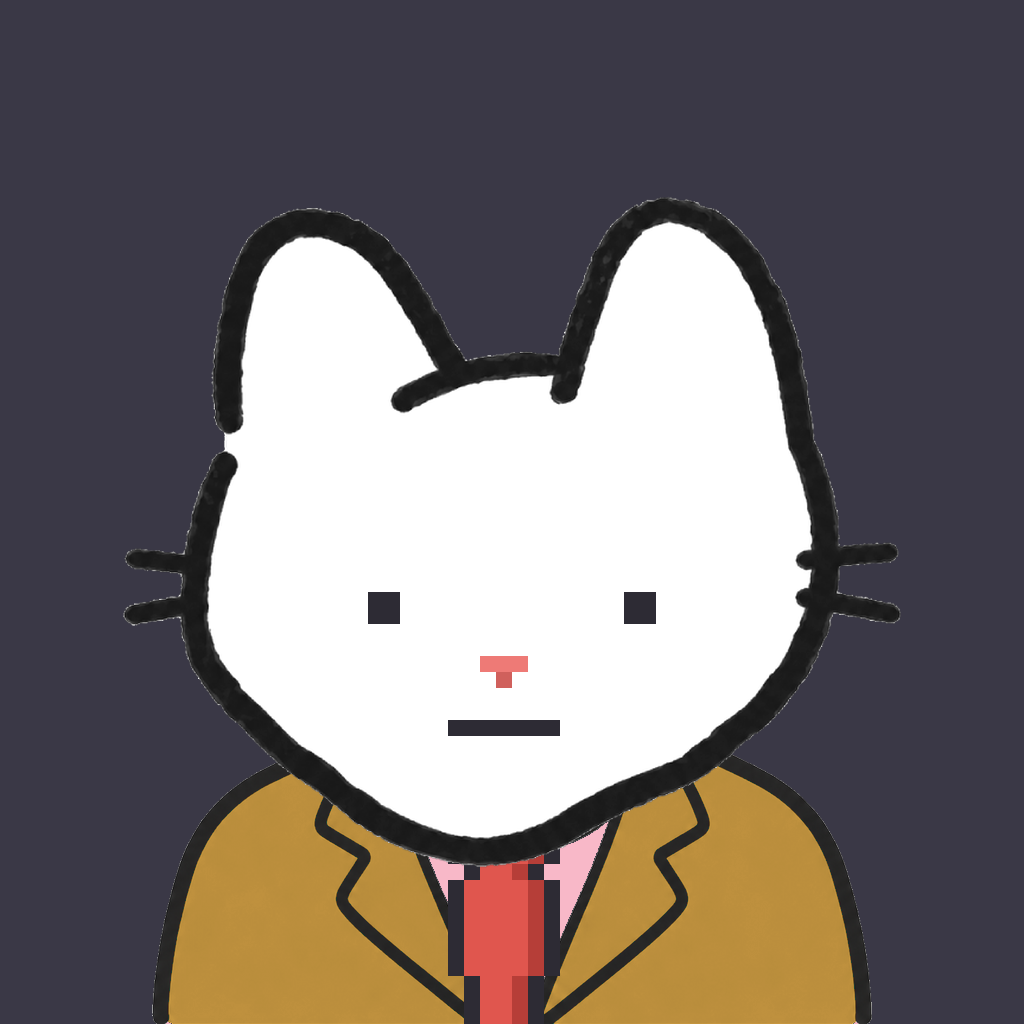 Employee #2206 — a white cat, in a mustard suit, with a red tie, on charcoal