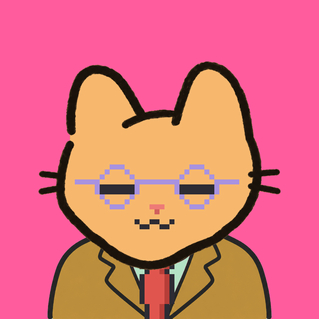 Employee #2207 — a tabby cat, in a mustard suit, with a red tie, wearing round-lavender glasses, on hot pink