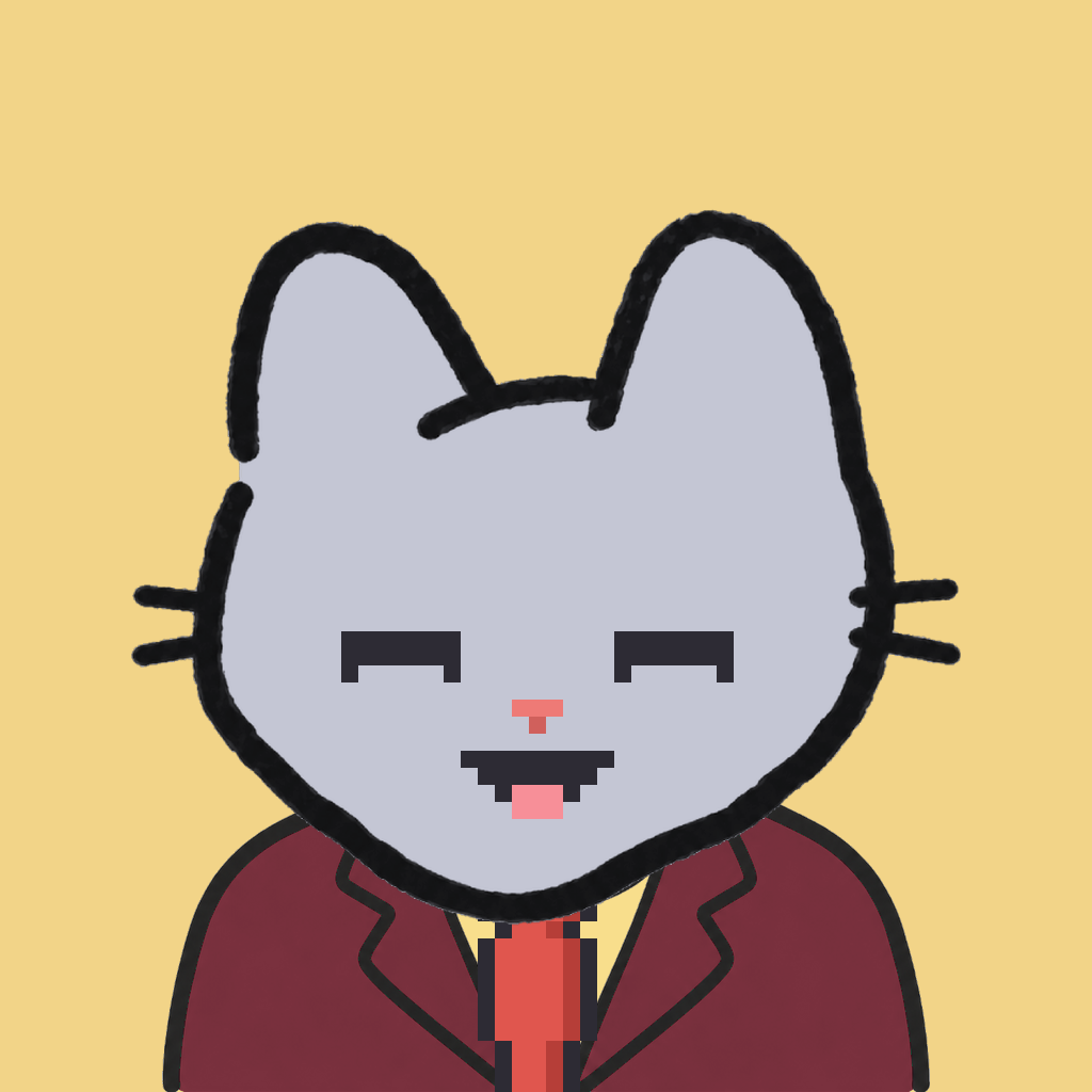 Employee #2208 — a gray cat, in a burgundy suit, with a red tie, on butter