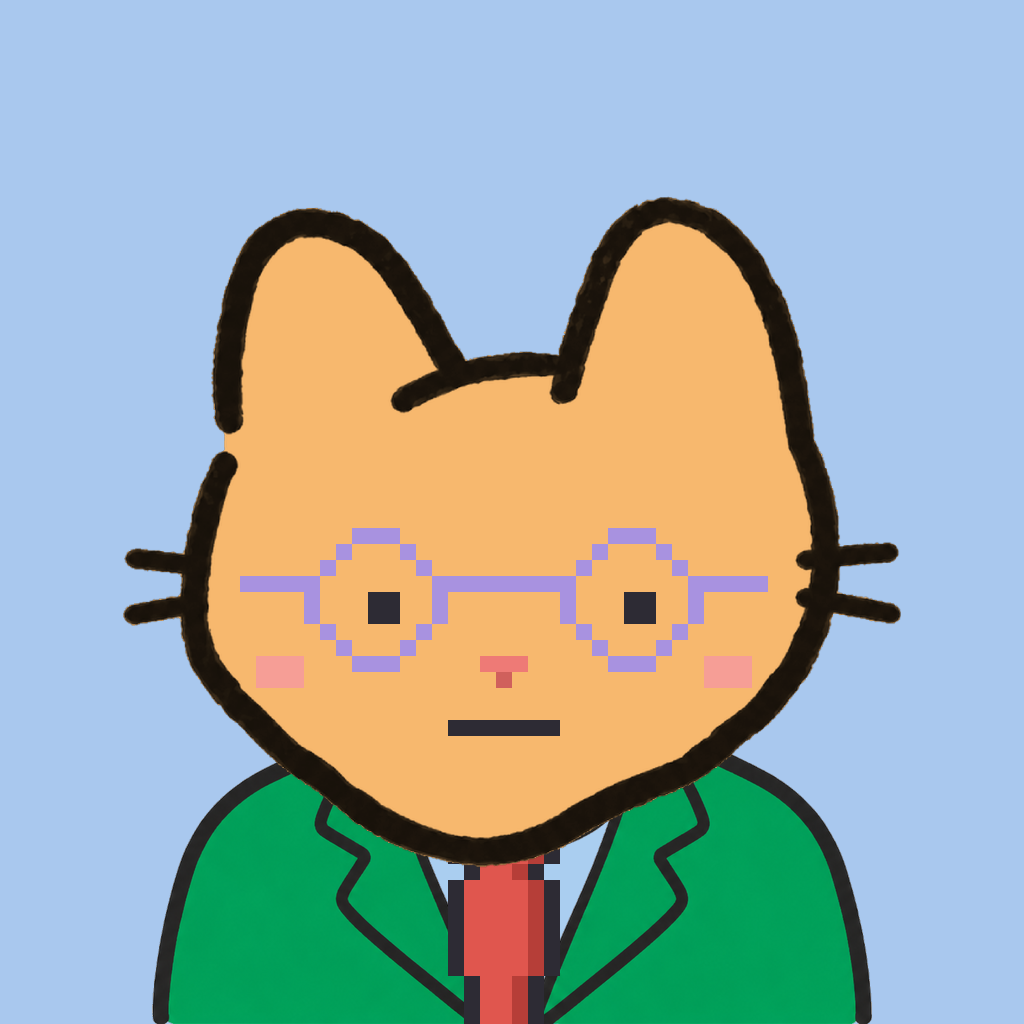 Employee #2209 — a tabby cat, in a green suit, with a red tie, wearing round-lavender glasses, on sky