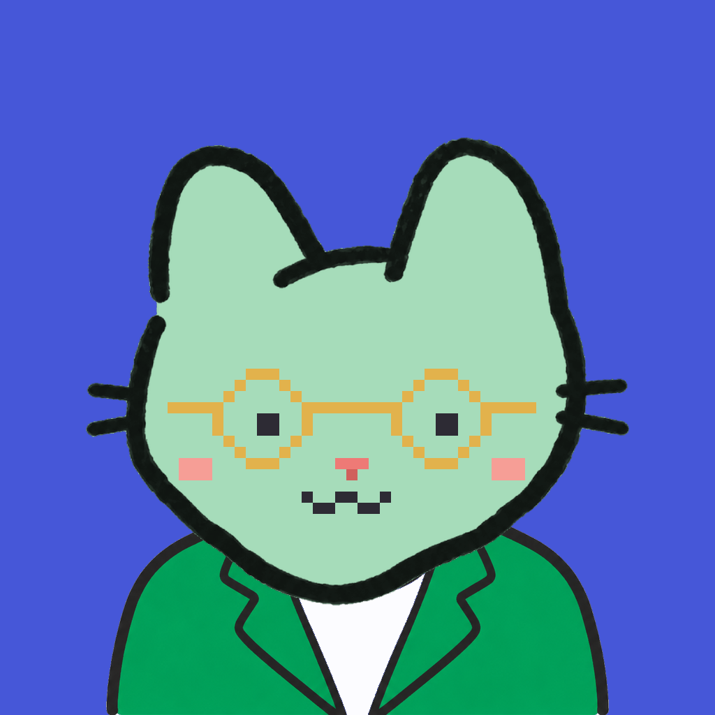 Employee #0221 — a mint cat, in a green suit, wearing round-gold glasses, on royal