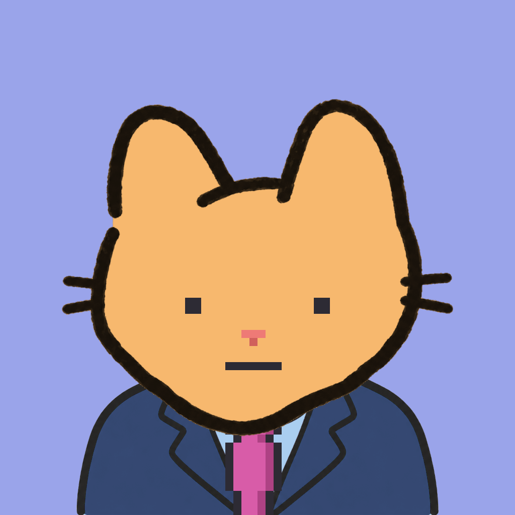 Employee #2210 — a tabby cat, in a navy suit, with a magenta tie, on periwinkle