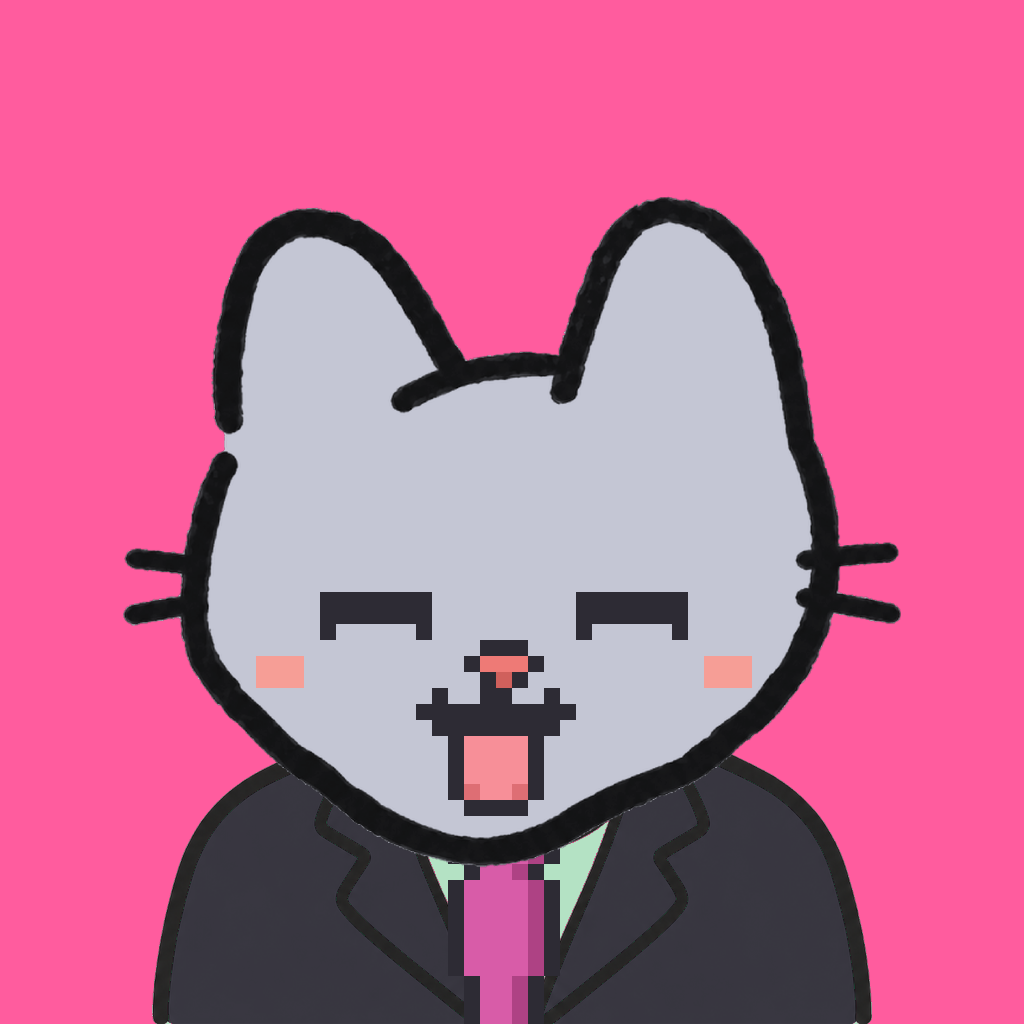 Employee #2211 — a gray cat, in a black suit, with a magenta tie, on hot pink