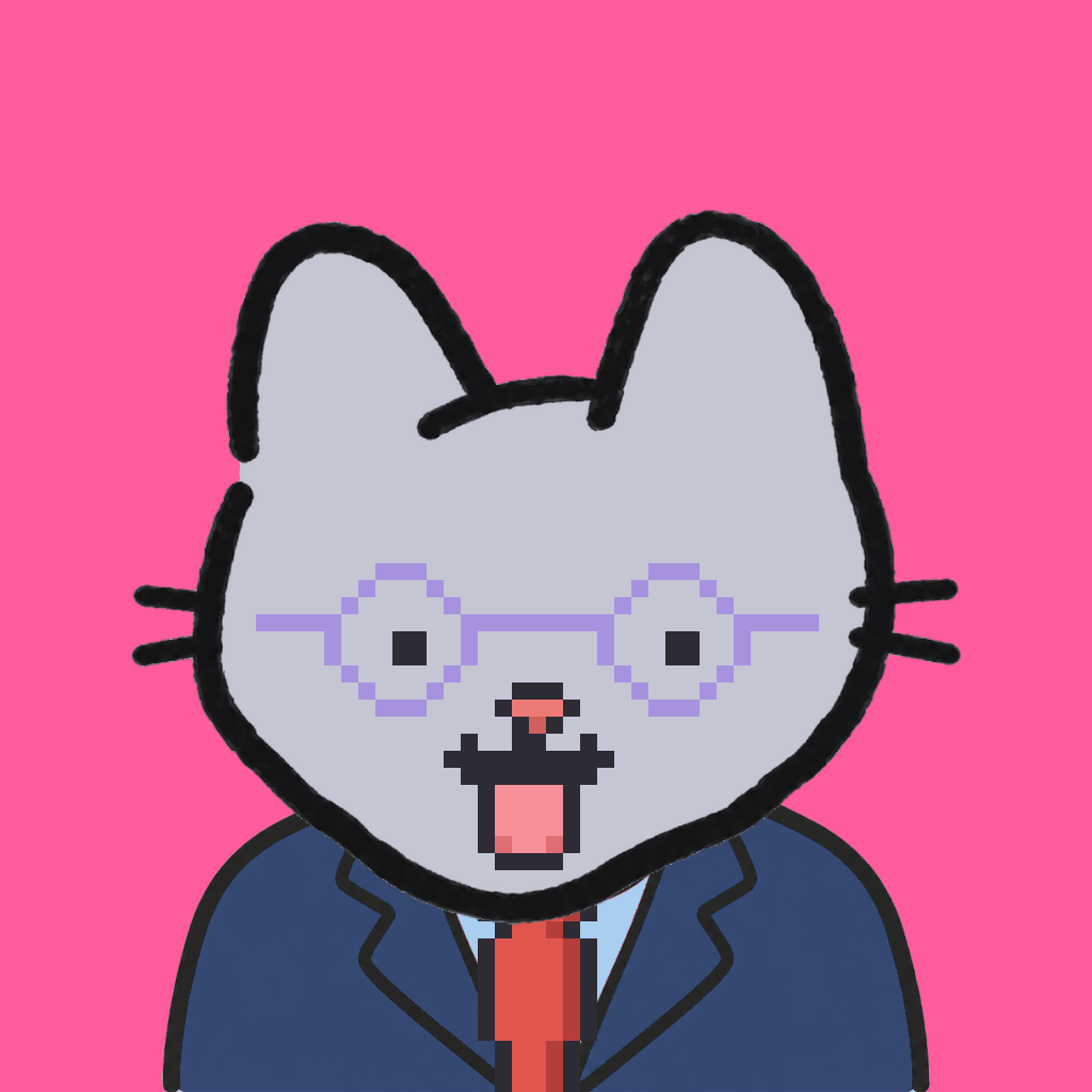Employee #2212 — a gray cat, in a navy suit, with a red tie, wearing round-lavender glasses, on hot pink