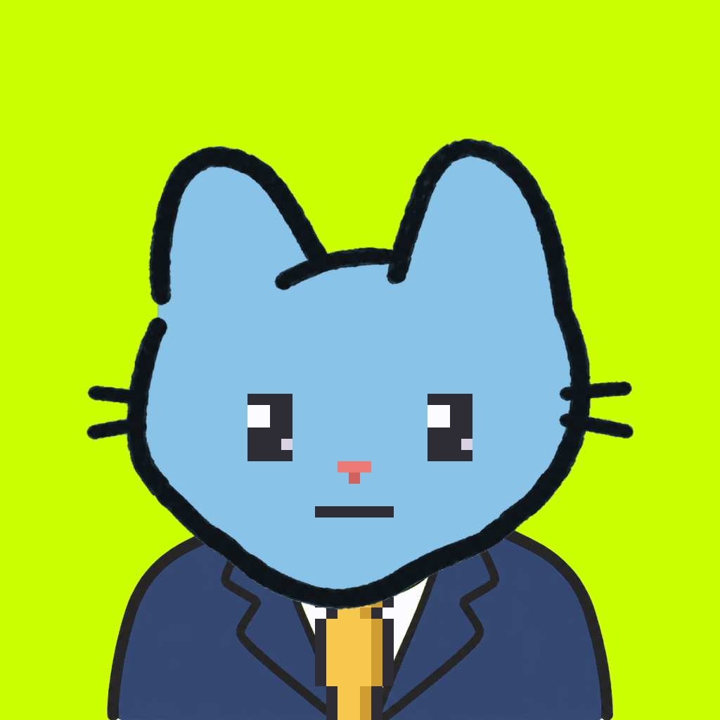 Employee #2213 — a sky cat, in a navy suit, with a gold tie, on volt