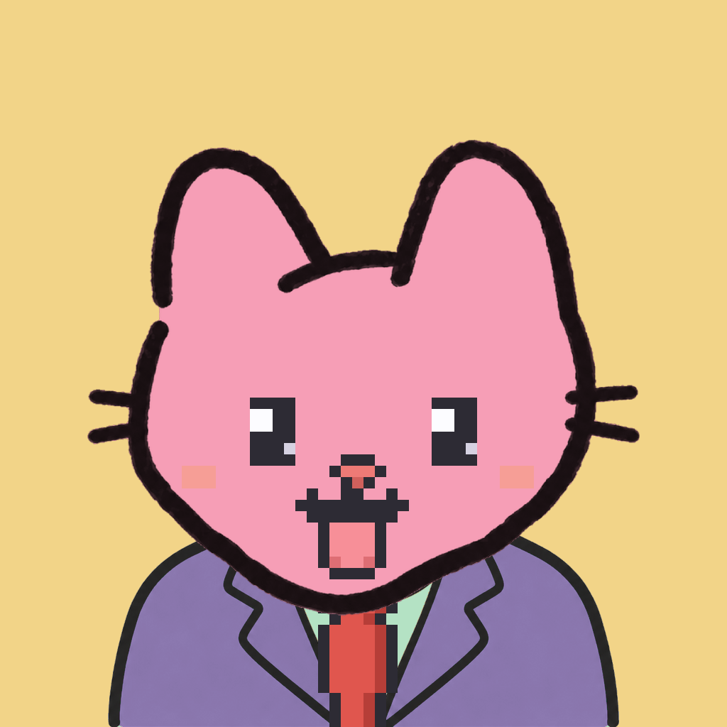 Employee #2214 — a pink cat, in a lavender suit, with a red tie, on butter