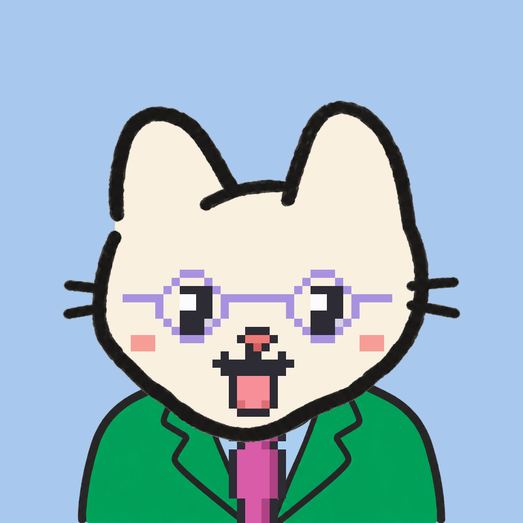 Employee #2215 — a cream cat, in a green suit, with a magenta tie, wearing round-lavender glasses, on sky