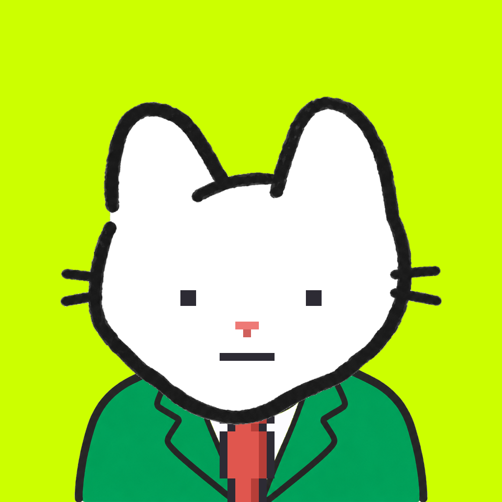 Employee #2216 — a white cat, in a green suit, with a red tie, on volt