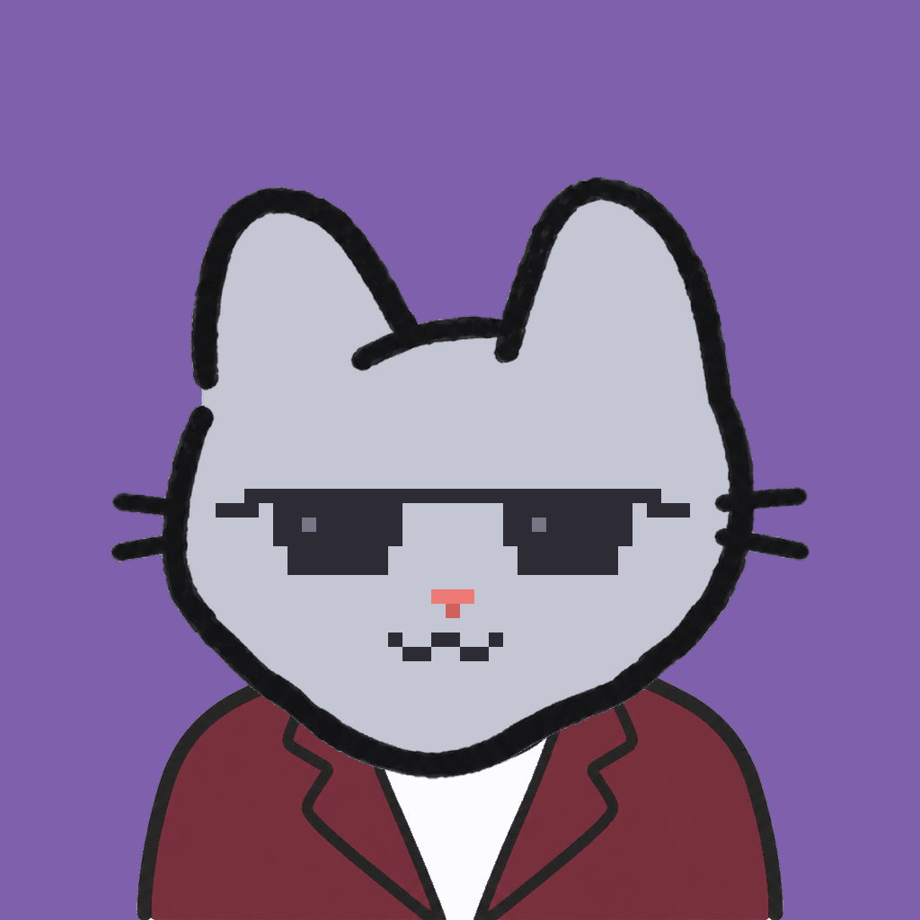 Employee #2217 — a gray cat, in a burgundy suit, wearing shades glasses, on plasma violet