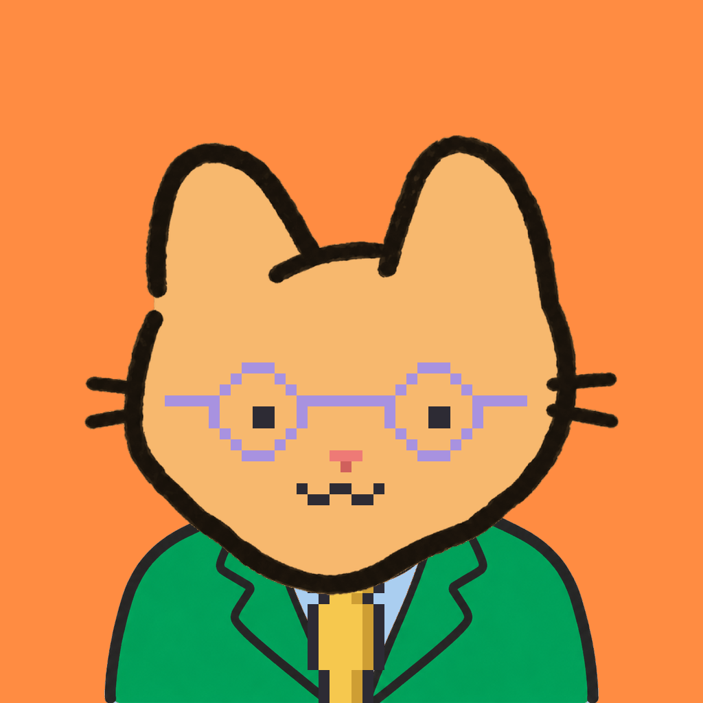 Employee #2218 — a tabby cat, in a green suit, with a gold tie, wearing round-lavender glasses, on tangerine
