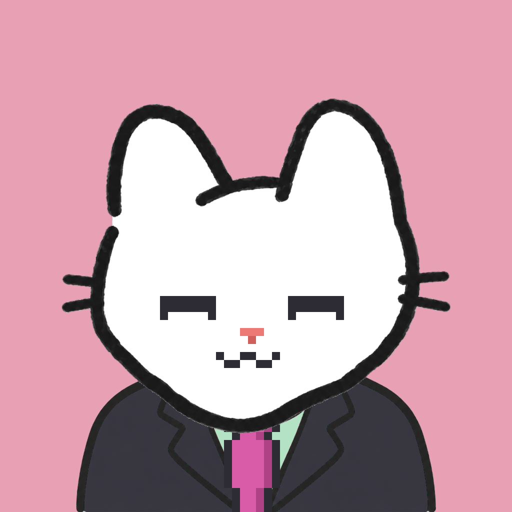 Employee #2219 — a white cat, in a black suit, with a magenta tie, on rose