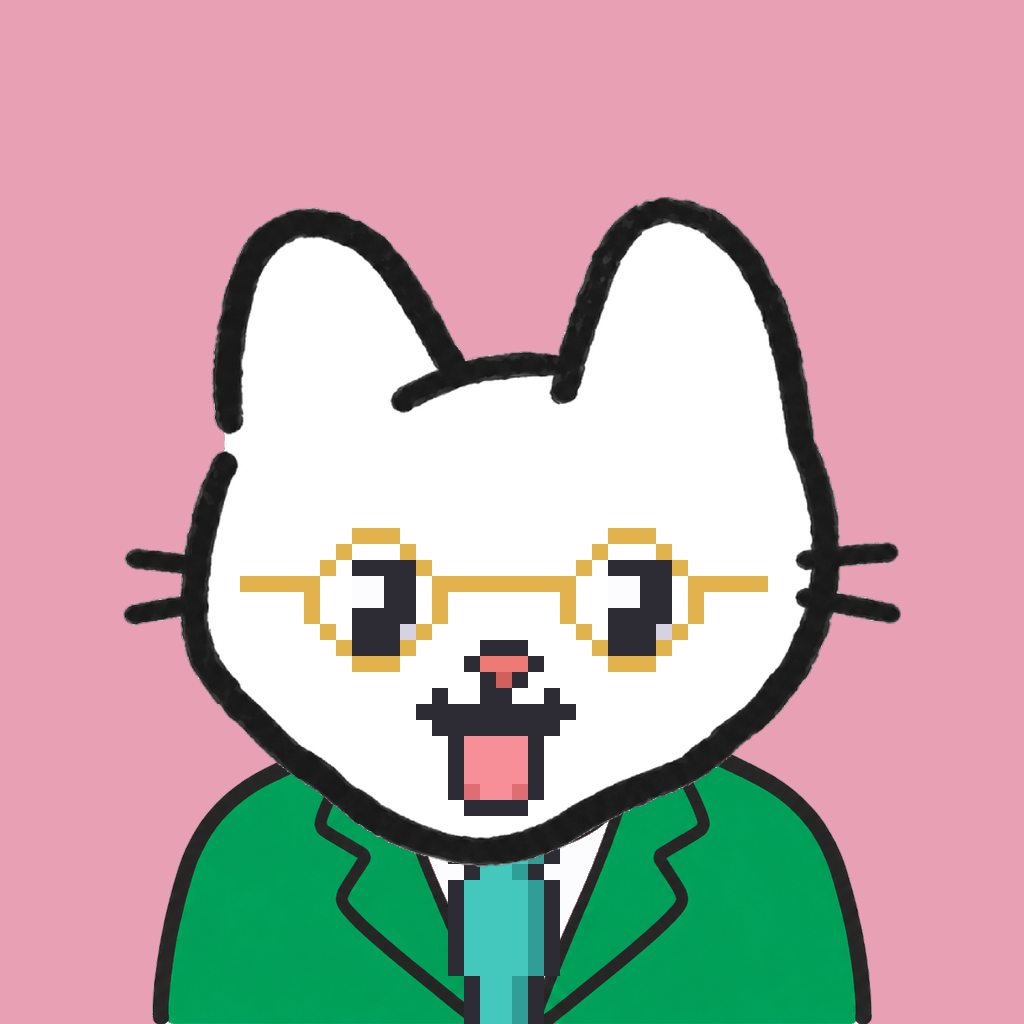 Employee #0222 — a white cat, in a green suit, with a teal tie, wearing round-gold glasses, on rose