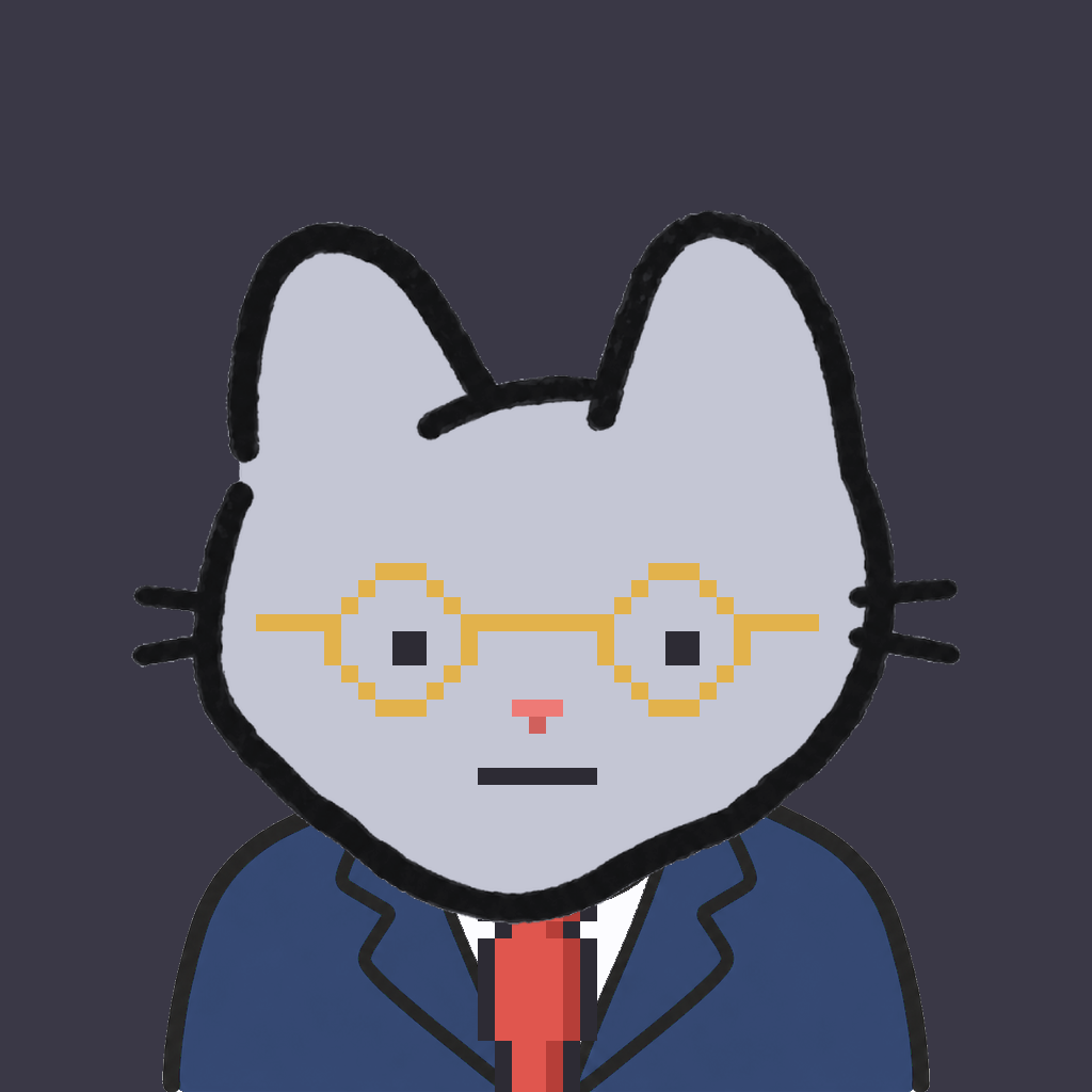 Employee #2220 — a gray cat, in a navy suit, with a red tie, wearing round-gold glasses, on charcoal