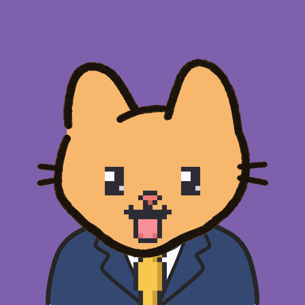 Employee #2221 — a tabby cat, in a navy suit, with a gold tie, on plasma violet