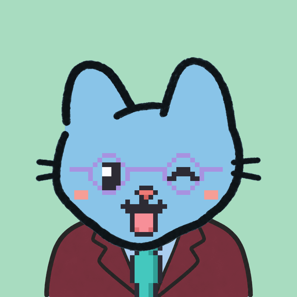 Employee #2222 — a sky cat, in a burgundy suit, with a teal tie, wearing round-lavender glasses, on mint