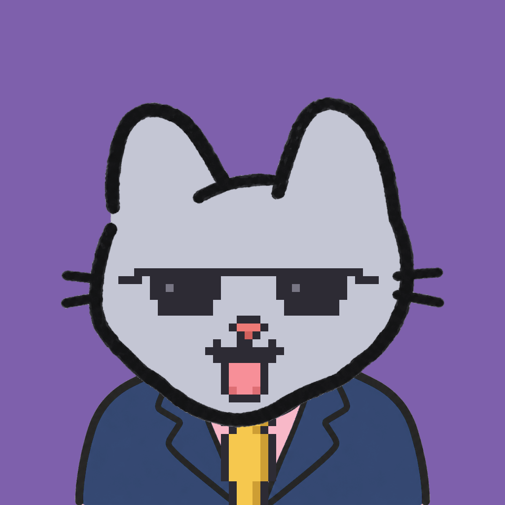 Employee #2223 — a gray cat, in a navy suit, with a gold tie, wearing shades glasses, on plasma violet