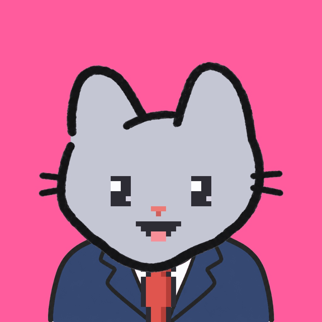 Employee #2224 — a gray cat, in a navy suit, with a red tie, on hot pink